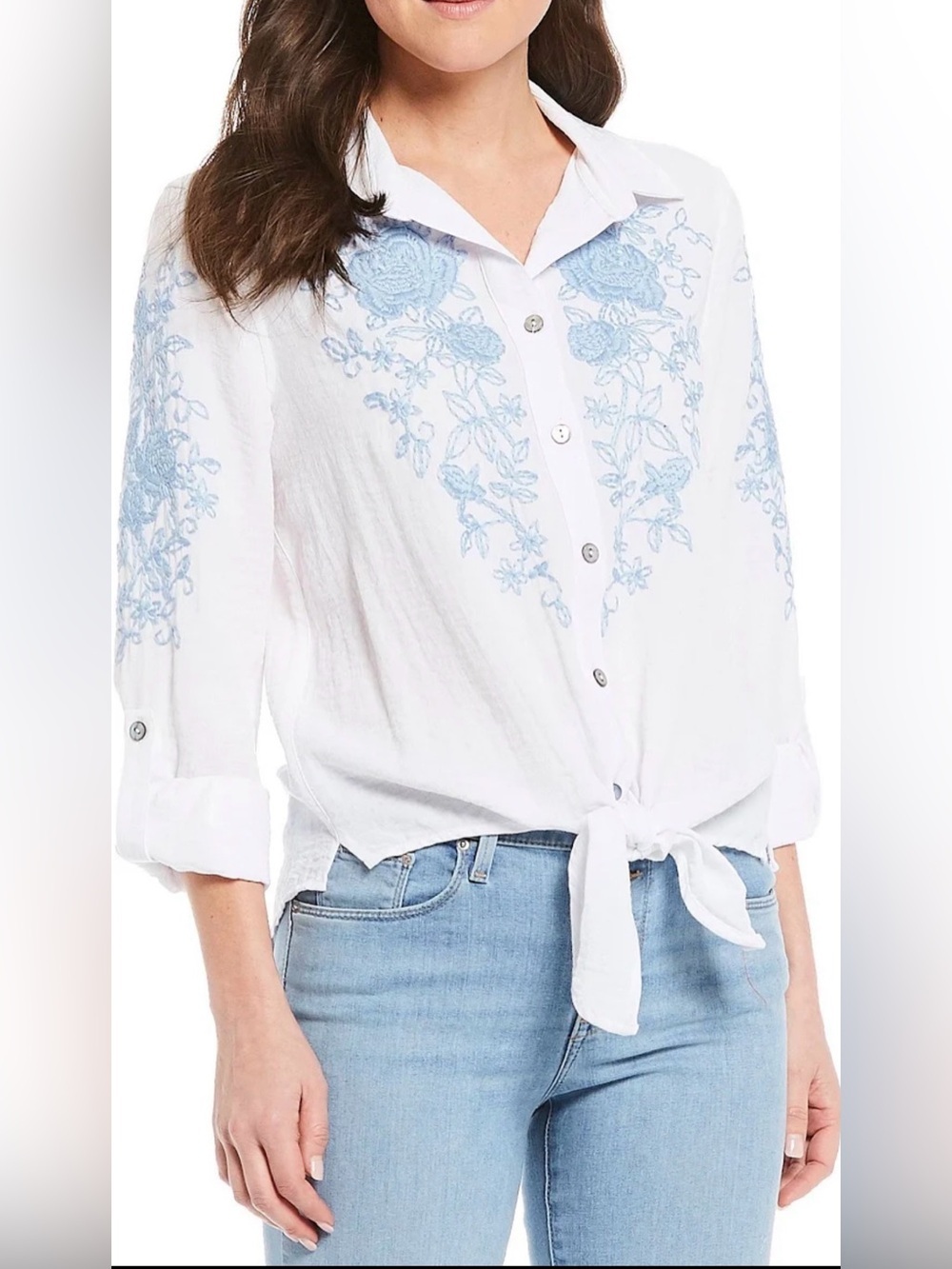 John Mark Embroidered Boho Blouse Women L White Blue Floral Tie Front